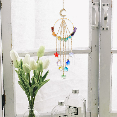Chakra Natural & Synthetic Gemstone Chips & Brass Ring Hanging Suncatchers HJEW-BM00074-1