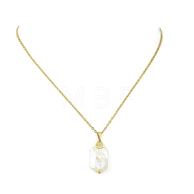 Natural Baroque Keshi Pearl Rectangle Pendant 304 Stainless Steel Cable Chain Necklaces for Women NJEW-JN06115-1