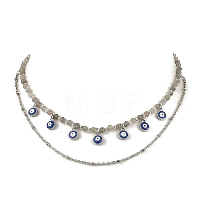 Alloy Enamel Blye Evil Eye Pendant Faceted Round Natural Labradorite Beaded 304 Stainless Steel Satellite Chain Double Layer Necklaces NJEW-JN06542-1