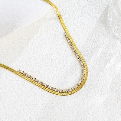 304 Stainless Steel Pave Square Clear Cubic Zirconia Flat Snake Chain Necklaces for Women WG60D5C-01-1