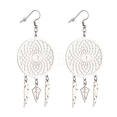 Tarnish Resistant 304 Stainless Steel Woven Net with Feather Dangle Earrings for Women EJEW-JE05005-1