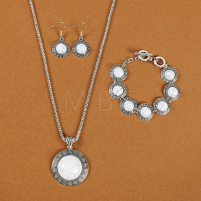 Flat Round Alloy with Synthetic Turquoise Pendant Necklaces & Dangle Earrings & Link Bracelets Sets WGD1135-06-1