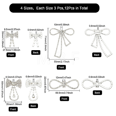 12Pcs 4 Style Crystal Rhinestone Bowknot Lapel Pins JEWB-CA0001-19-1