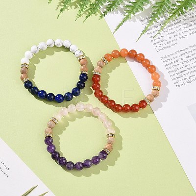3Pcs 3 Style Natural Mixed Gemstone & Wood Round Beaded Stretch Bracelets Set for Woman BJEW-JB09081-1