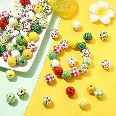 100Pcs 10 Styles Fruit Printed Wood European Beads WOOD-YW0001-86-1