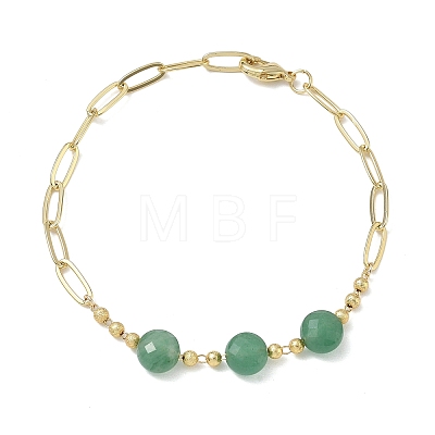 Natural Green Aventurine Faceted Flat Round Beaded Brass Paperclip Chain Bracelets GG-CBA37F5-02G-01-1