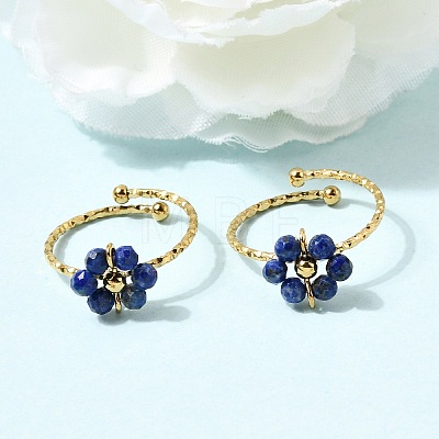 Adjustable 304 Stainless Steel Natural Lapis Lazuli Cuff Open Rings RJEW-P187-01G-03-1
