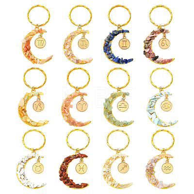 12Pcs Natural & Synthetic Gemstone Moon Keychains KEYC-YW00237-1