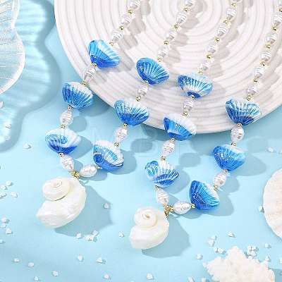Summer Beach Natural Sea Shell Pendant Handmade Lampwork & Imitation Pearl Beaded Necklaces NJEW-JN06371-1