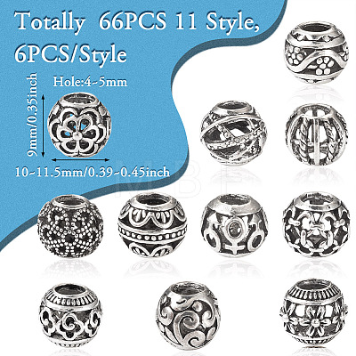 66pcs 11 style Tibetan Style Alloy European Beads FIND-TA0001-98-1