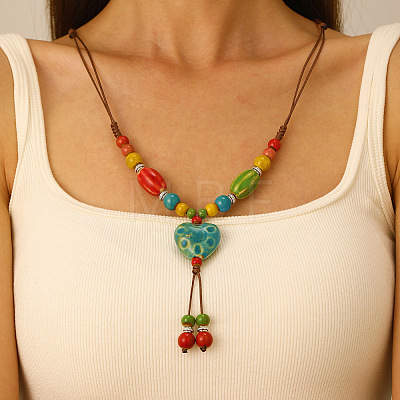 Porcelain Heart Pendant Tassel Waxed Cord Adjustable Necklaces for Women FS-WGB3124-01-1