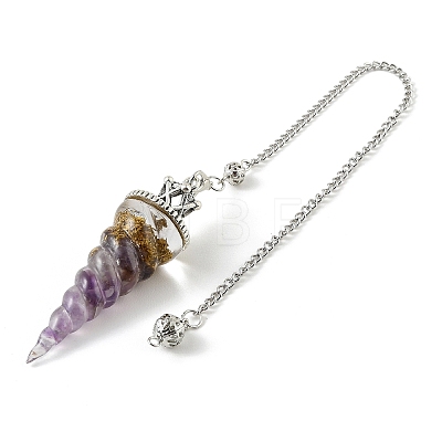 Resin Dowsing Pendulum Pendants with Natural Amethyst Chips inside and Iron Chain & Alloy Caps GG-CBAEAD2-01B-1