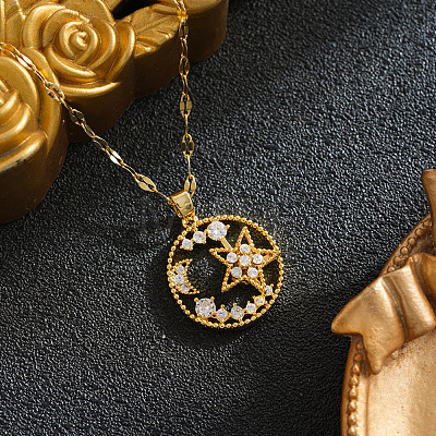 Brass Pave Clear Cubic Zirconia Ring with Star Moon Pendant 201 Stainless Steel Dapped Chain Necklaces for Women WG1E008-01-1