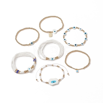 7Pcs 7 Style Evil Eye Lampwork & Glass Seed & Brass Beaded Stretch Bracelets Set for Women BJEW-JB09249-02-1