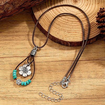 Bohemian Alloy Resin Floral Teardrop Pendant Waxed Leather Cord Necklaces for Women WG78C8D-01-1