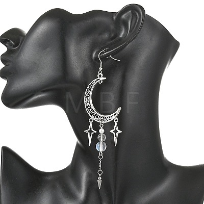 Natural Quartz Crystal & Synthetic Moonstone Beads & Alloy Pendant Chandelier Earrings EJEW-TA00814-1