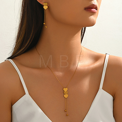 Elegant Stainless Steel Heart Pendant Lariat Necklace & Earrings Bracelet Set for Women Party Gift LF0816-1