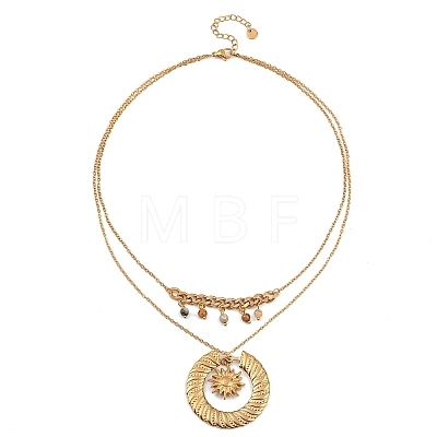 304 Stainless Steel Sun and Round Natural Crazy Agate Pendant Double Layer for Women NJEW-K252-13G-1