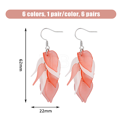 FIBLOOM 6 Pairs 6 Colors Acrylic Leaf Dangle Earrings EJEW-FI0001-73-1