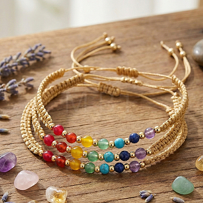 3Pcs Adjustable Chakra Natural & Synthetic Mixed Stone Round Bead Braided Bracelet Sets ZZ4943-7-1