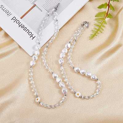3Pcs Natural Shell & Plastic Pearl Flower & Glass Beaded Necklaces and Stretch Bracelet Set SJEW-SW00010-04-1