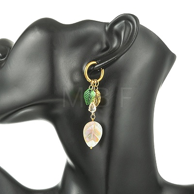 Leaf Natural Freshwater Shell & Teardrop Glass Dangle Earrings EJEW-JE07148-1