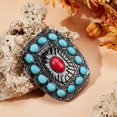 1Pc Rectangle Alloy & Synthetic Turquoise Buckles FIND-CL0002-38A-1