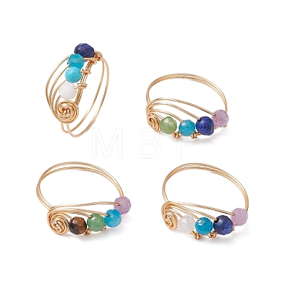 Copper Wire Wrapped Natural Gemstone Round Beaded Finger Rings for Women RJEW-JR00751-1