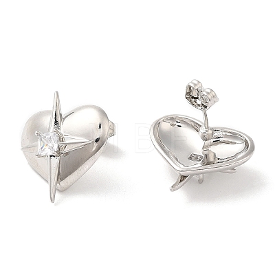 Rack Plating Brass Heart with Star Stud Earrings with Clear Cubic Zirconia Earring for Women EJEW-A101-05P-1