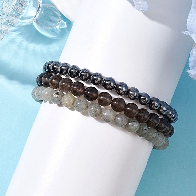 3Pcs 3 Style Natural & Synthetic Mixed Stone Round Beaded Stretch Bracelets BJEW-JB10178-04-1