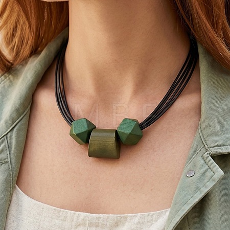 Wooden Faceted Round and Trapezoid Beads Pendant Imitation Leather Cord Multi-Strand Necklaces for Women WG6B682-03-1