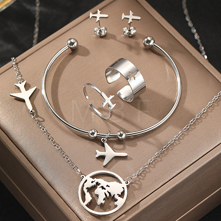 Airplane & Earth 201 Stainless Steel Pendant Necklace & Stud Earring & Cuff Ring & Cuff Bangle Sets FS-WG54043-02-1