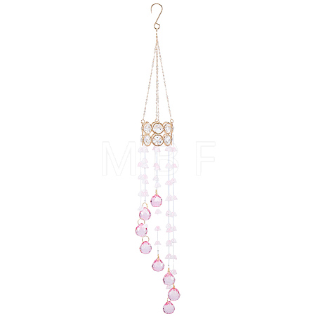 Flower Round Glass Beads Tassel Hanging Suncatchers for Window Garden Outdoor Decoration HJEW-WH20020-007B-1