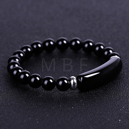 Natural Dyed & Heated Black Agate Curved Rectangle Beaded Stretch Bracelet PW-WG67660-03-1