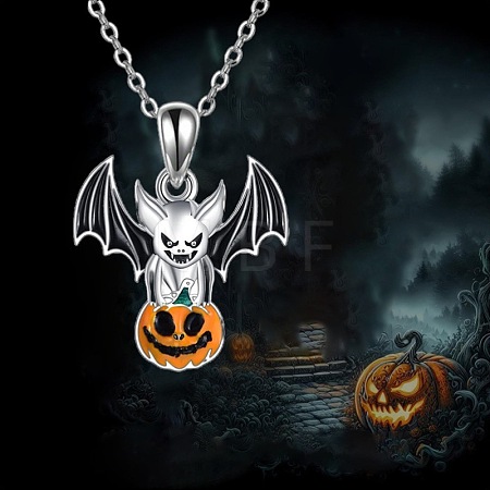 Halloween Alloy Enamel Bat with Pumpkin Pendant Necklaces WG6D1E5-01-1