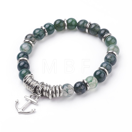 Natural Moss Agate Charm Bracelets BJEW-JB03403-03-1