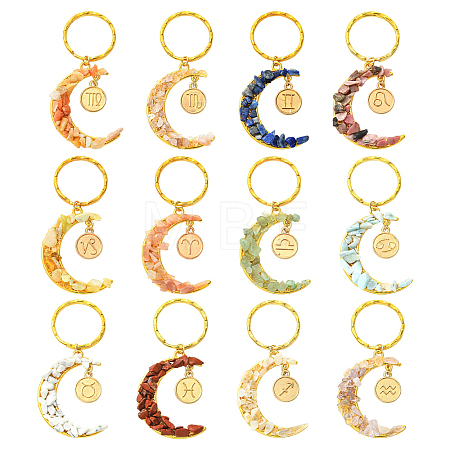 12Pcs Natural & Synthetic Gemstone Moon Keychains KEYC-YW00237-1