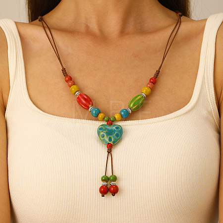 Porcelain Heart Pendant Tassel Waxed Cord Adjustable Necklaces for Women FS-WGB3124-01-1