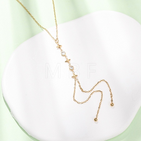 304 Stainless Steel Crystal Rhinestone Flat Round Star Pendant Y Tassel Lariat Necklaces for Women NJEW-F378-03G-1