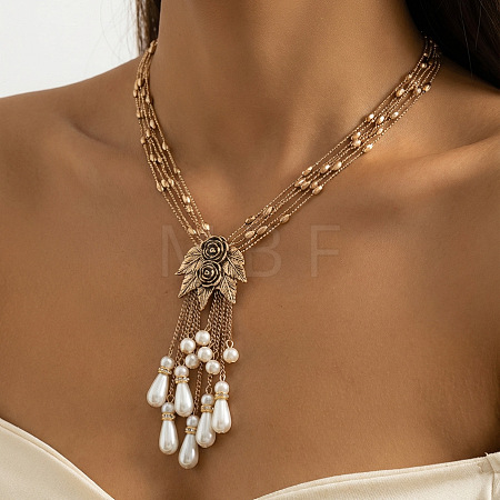 Alloy Rose Flower Multi-Strand Necklaces with Imitation Pearl Teardrop Tassel for Women WG55FA1-01-1