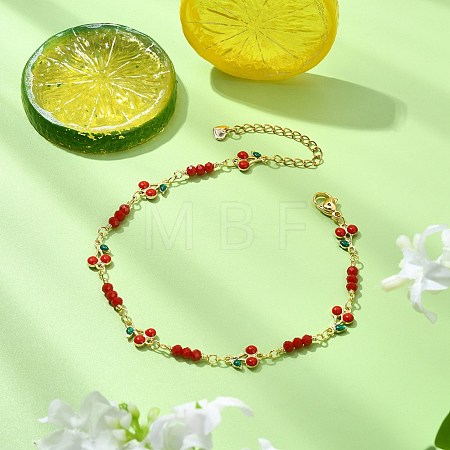 Brass Glass and Enamel Red Cherry Link Chain Anklets for Women AJEW-AN00814-1