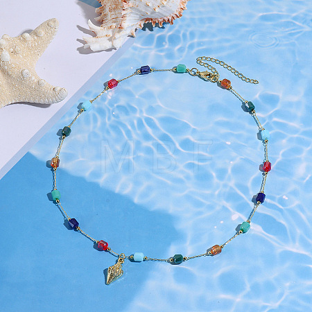 Ocean Alloy Shell Shape Pendant Iron Glass Beaded Chain Necklaces for Women WGB00FB-01-1