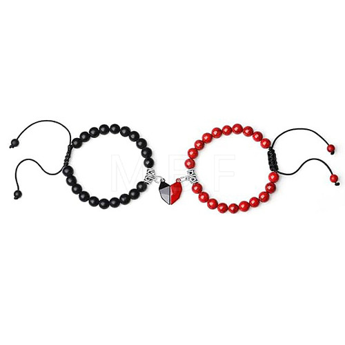 2Pcs Round Natural Black Agate & Red Jade Braided Bead Bracelets for Couple IJ5496-2-1