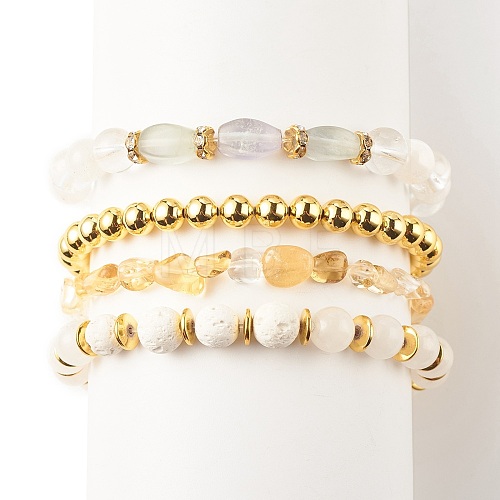 4Pcs 4 Style Gemstone & Brass Beaded Stretch Bracelets Set with Crystal Rhinestone for Women BJEW-JB07884-1