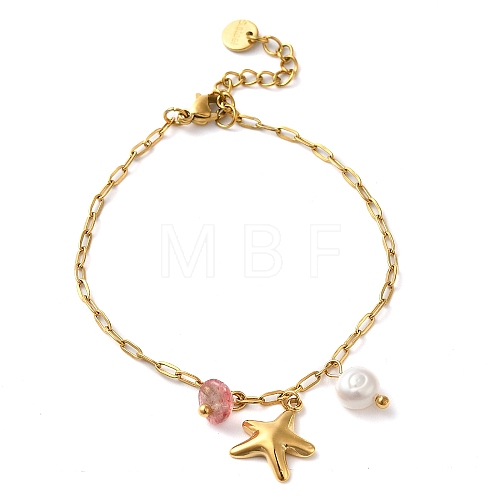 Cherry Quartz Glass & Fresheater Pearl & Starfish Charm Bracelets BJEW-K237-06G-02-1