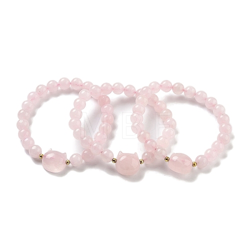 Round & Cat Head Natural Rose Quartz Beaded Stretch Bracelets for Women BJEW-K251-03C-1