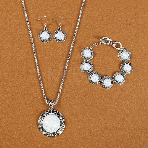 Flat Round Alloy with Synthetic Turquoise Pendant Necklaces & Dangle Earrings & Link Bracelets Sets WGD1135-06-1