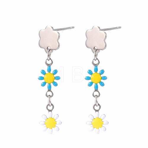 Enamel Flower Long Dangle Stud Earrings EJEW-N049-04A-1