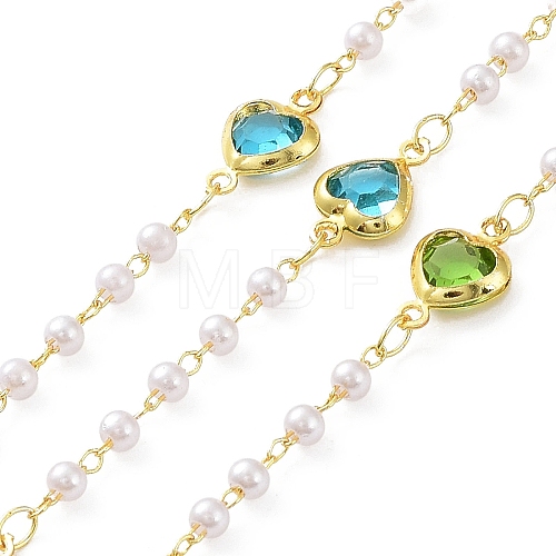 Colorful Glass Heart Link Chains with ABS Plastic Pearl Beaded CHC-C001-05G-1