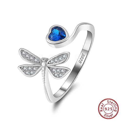 Rhodium Plated Dragonfly & Heart 925 Sterling Silver Micro Pave Cubic Zirconia Open Cuff Rings for Women STER-P065-17P-1